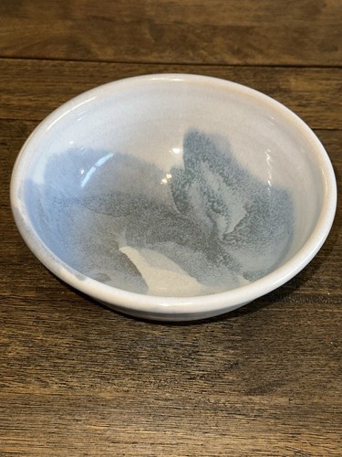 Studio Art Pottery Bowl Artisan Signed Glaze Blue Beige White 5” W x 2.5” H