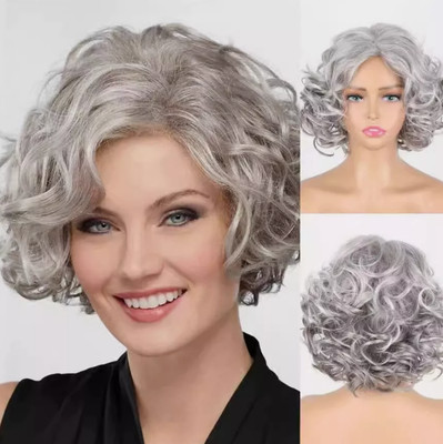Short Grey Wigs for White Women Natural Curly Short Layered Silver Gray Pixie