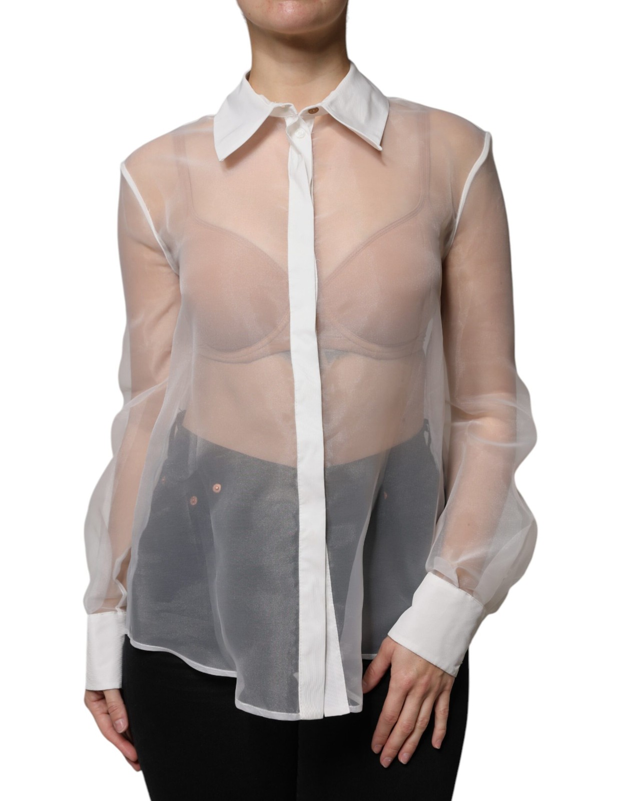 Elisabetta Franchi White Sheer Collared Buttoned Long Sleeves Women's Top