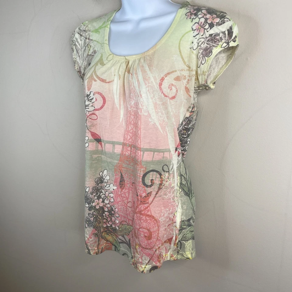 Top túnica manga abullonada estampado vintage años 90 Y2K París talla S flor de cerezo Foto 2 de 4