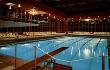 Indoor swimming pool night Grossinger NY diving board ~ 1960s mid-century modern