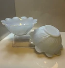 Pair of Vintage Fire King Azurite Glass Lotus Flower Bowls with Pink UV Glow EUC