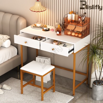 35.4'' White & Gold Computer Desk with 2 Drawers, Makeup Vanity with Padded Stool