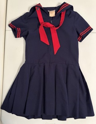 Girl s Dennis Nautical Themed Red And Blue Pleated V Neck Dress Sz G6 6Vintage