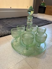 Green Glass Decanter Set with Stopper and Six Round Decorative Glasses