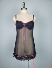 Victoria s Secret Women's 36C Padded Push Up Babydoll Nightie Black Pink Sheer