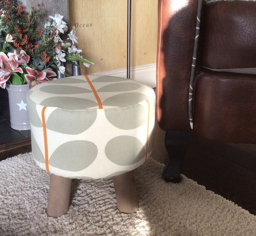 Small Round Footstool With Handmade Orla Kiely Fabric Cover - Warm Grey - New - Picture 3 of 10