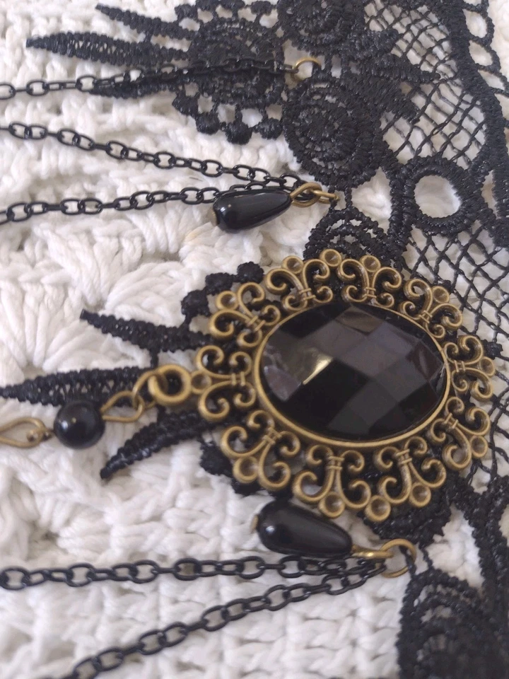 Gargantilla gótica victoriana de encaje negro collar con cadenas y cuentas ajustables  Foto 4 de 4