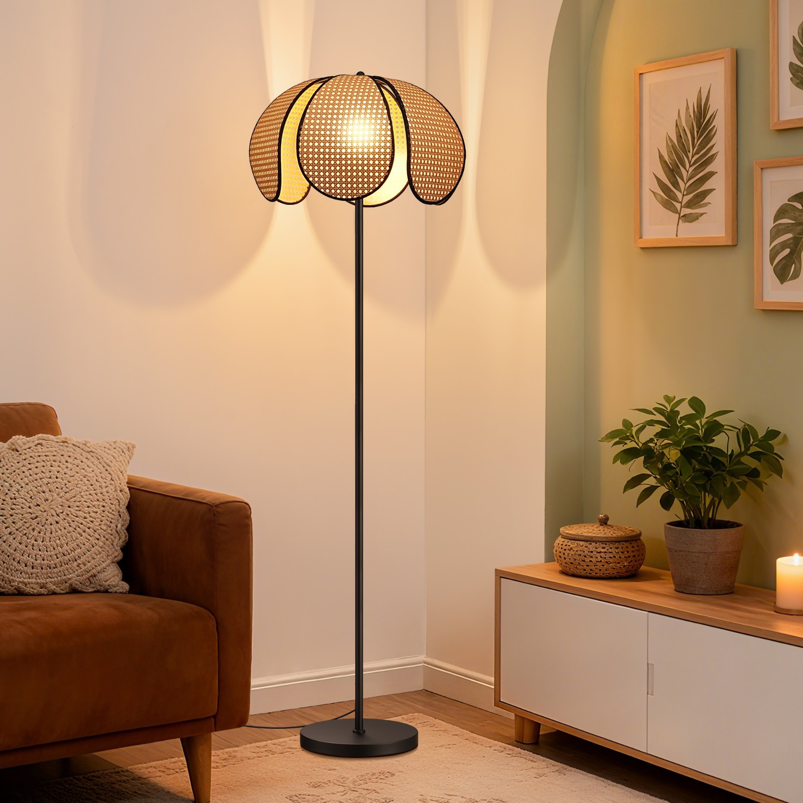 EDISHINE Natural Boho Floor Lamp, Unique Petal Design, Sturdy Metal Pole