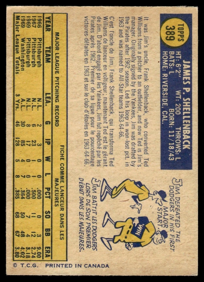 1970 O-Pee-Chee Jim Shellenback Washington Senators #389 - Image 2 of 2