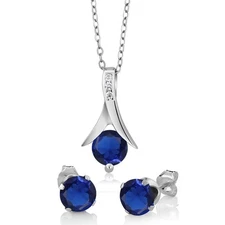 2.40 Ct Round Simulated Sapphire 925 Silver Pendant and Earrings Set 18" Chain