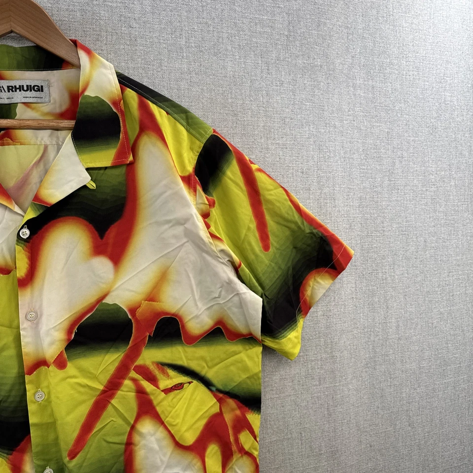 Camisa Zara Rhuigi Para Hombres Grande Amarilla Neón Abstracta Manga Corta Campamento Lazo Adulto Foto 3 de 4