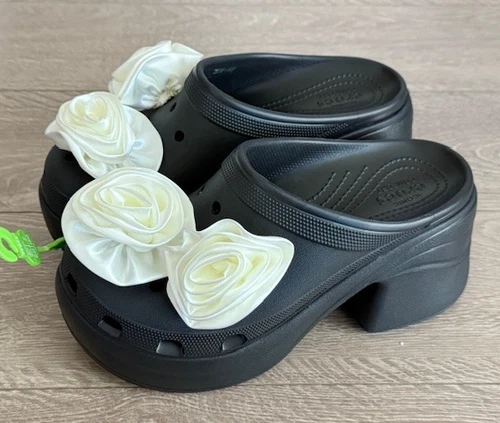 NEW Crocs Siren Rosette Clog Womens Size W 11 M 9 Black White Flower Heels