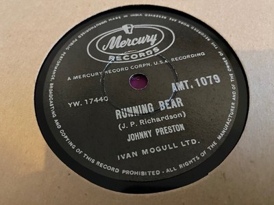 JOHNNY PRESTON: RUNNING BEAR / MY HEART KNOWS.  Indien 78.rpm (1960)