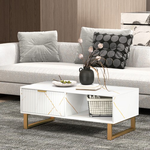 HOMCOM Coffee Table, Living Room Table with Drawer and Open Shelves, White - Picture 8 of 11