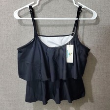 Beachsissi Women's Black Tiered Ruffle Tankini Swim Top Size L Adjustable Straps