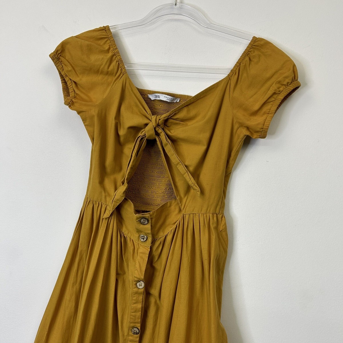Zara Midi Dress Women's Size Small Mustard Yellow Smocked Embroidered | eBay
