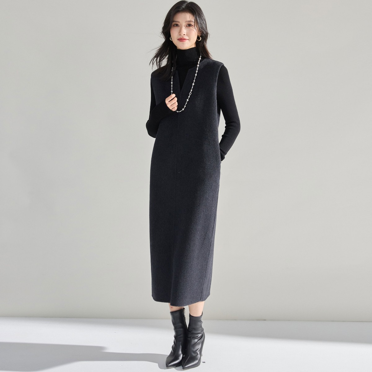 Womens Winter Grey Cashmere Wool Dress Straight Loose Sleeveless