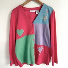 Vintage 90s Patchwork Cardigan Large Cottage Core Valentine Embroidered Hearts
