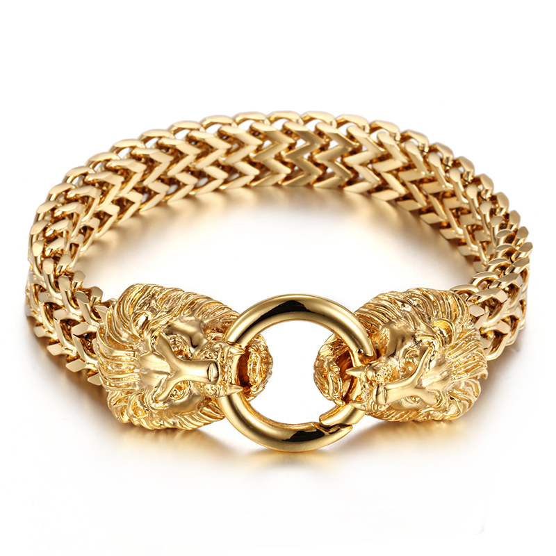 89g Gold Stainless Steel Lion Head Clasp Bracelet Biker Jewelry