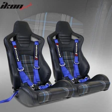 Universal Recline Racing Seat PU Carbon Blue Plaid &Dual Slider Cam-lock Belt x2