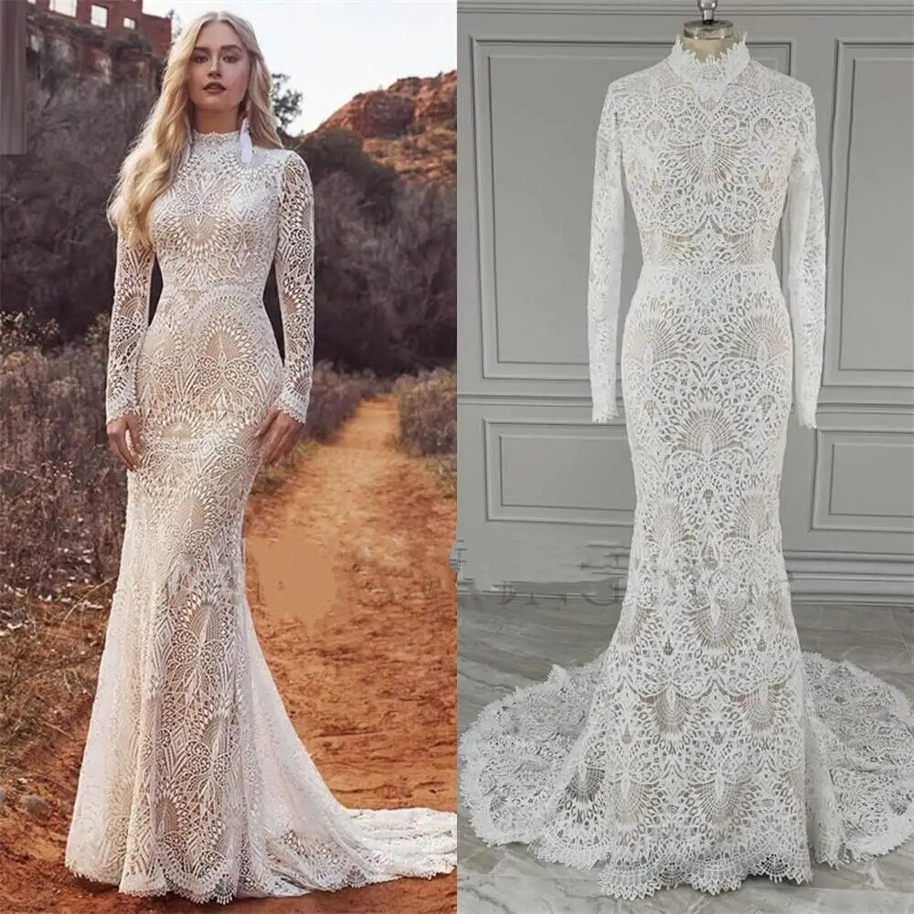 knee length dresses for ladies African Lace High Neck Wedding Dresses Mermaid Tulle with Beading US12 / White
