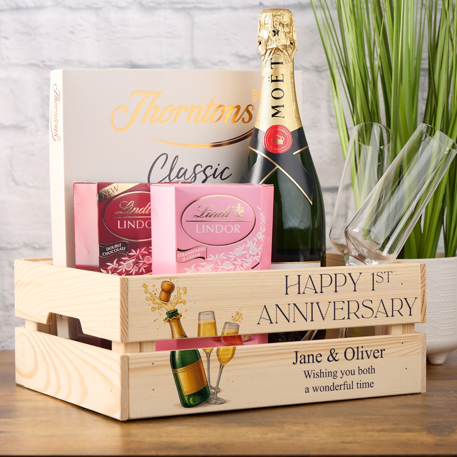 Personalised 1st Anniversary Crate Box Gift For Couple With Champagne Design