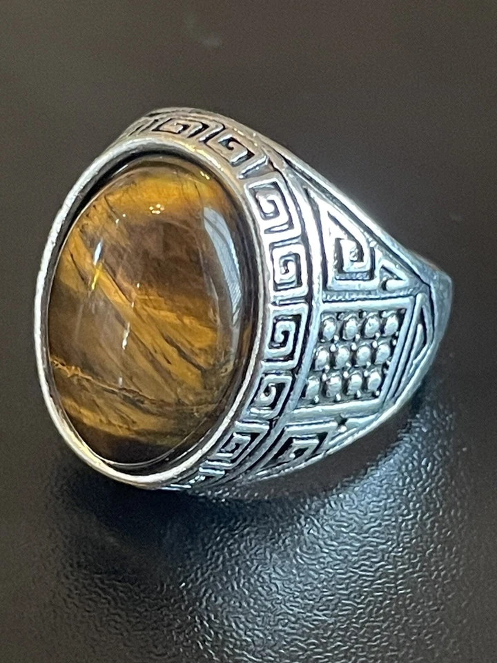 Anillo llamativo enchapado en plata con piedra ojo de tigre S925 para hombre y mujer talla 8,75 Foto 3 de 4