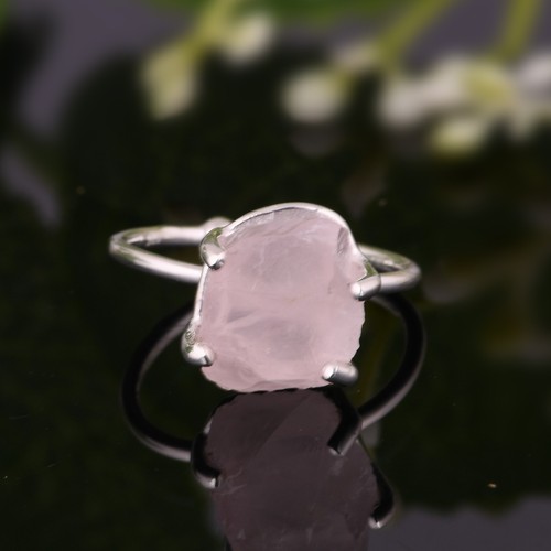 Raw Healing Rose Quartz Sterling Silver Adjustable Ring Handmade Jewelry - Picture 2 of 5