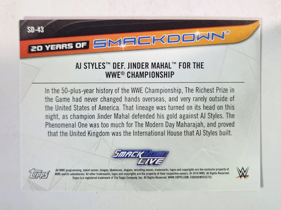 2019 Topps WWE 20 Years of SmackDown #SD-43 AJ STYLES DEF. JINDER MAHAL - Image 2 of 2