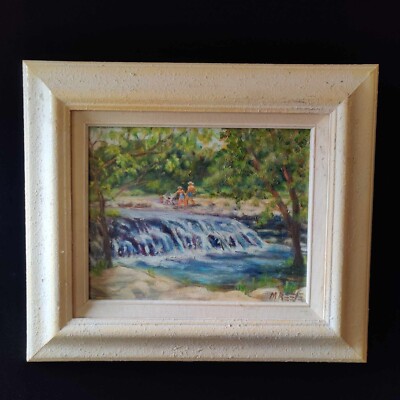 Original Oil Painting x2 Women and Dog Waterfall Signed by Artist Prof Framed