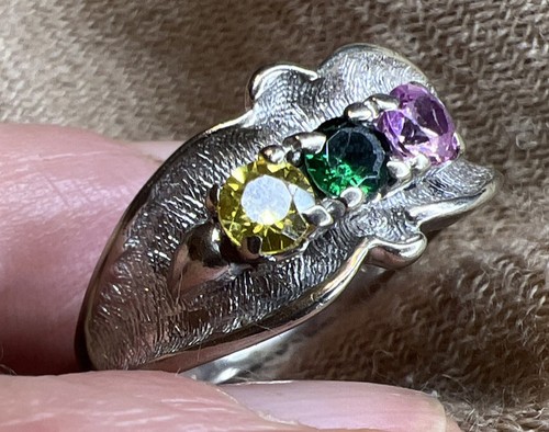 Vintage PC 10k White Gold 3 GemStones Yellow Blue And Pink Ring 8 3/4 - Picture 8 of 15