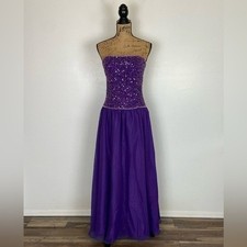 Scala Silk Gown Dress Size M Purple Beaded Sequin Strapless Chiffon Y2K Prom