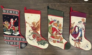 Vintage Christmas Stocking Needle Point Cross Stitch  Wool Velvet Set Of 4