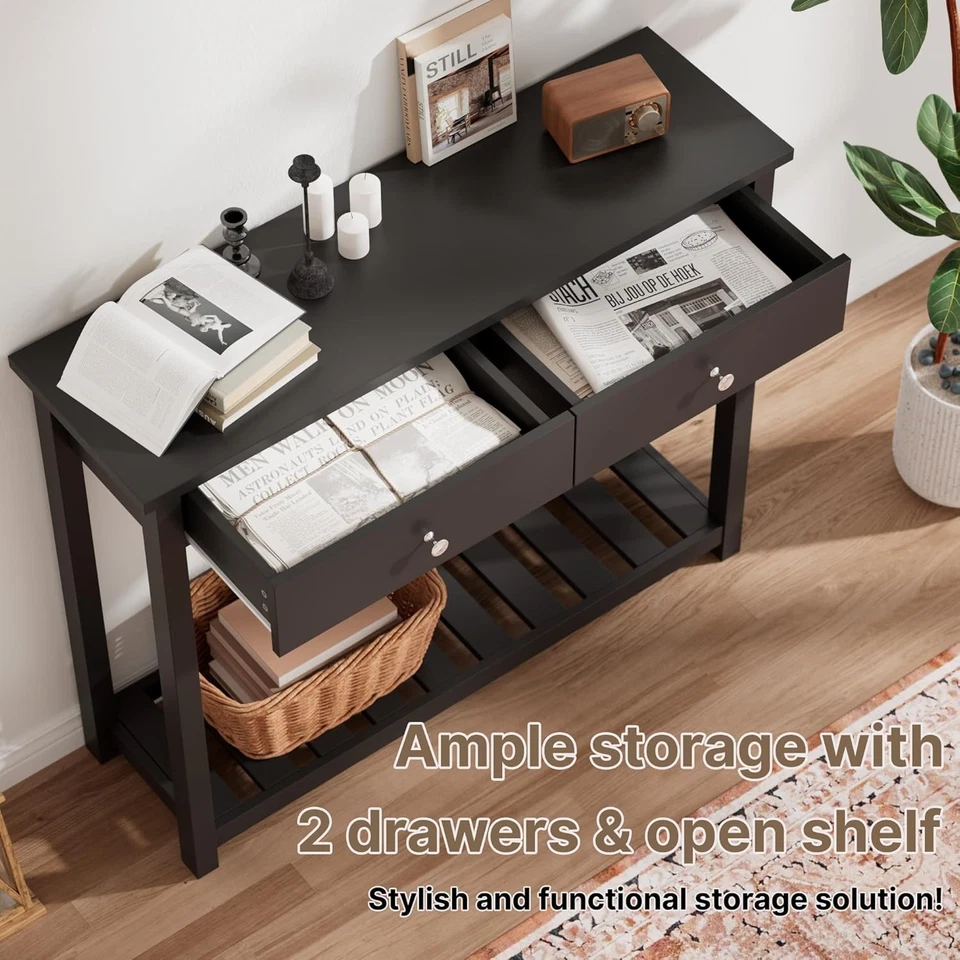 Mesa Consola Negra 2 Cajones Mesa de Entrada Estante de Almacenamiento 40" Moderna Estrecha Foto 4 de 4