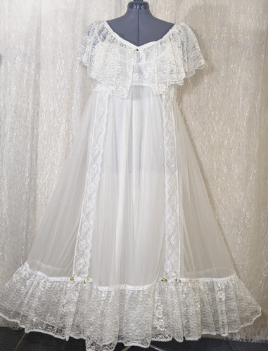 Vintage Romantic Hostess Lingerie Dress Nightgown Lace Ruffles Capelet Shawl XL