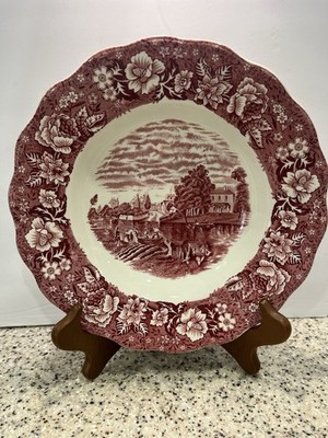 4 Red Vintage Palissy Pottery Soup Bowl- Thames River Scene Shepperton Middlesex