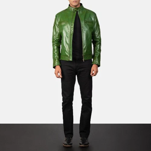 Men’s Green Genuine Leather Jacket  Classic Cafe Racer Motorcycle Biker Coat image 5