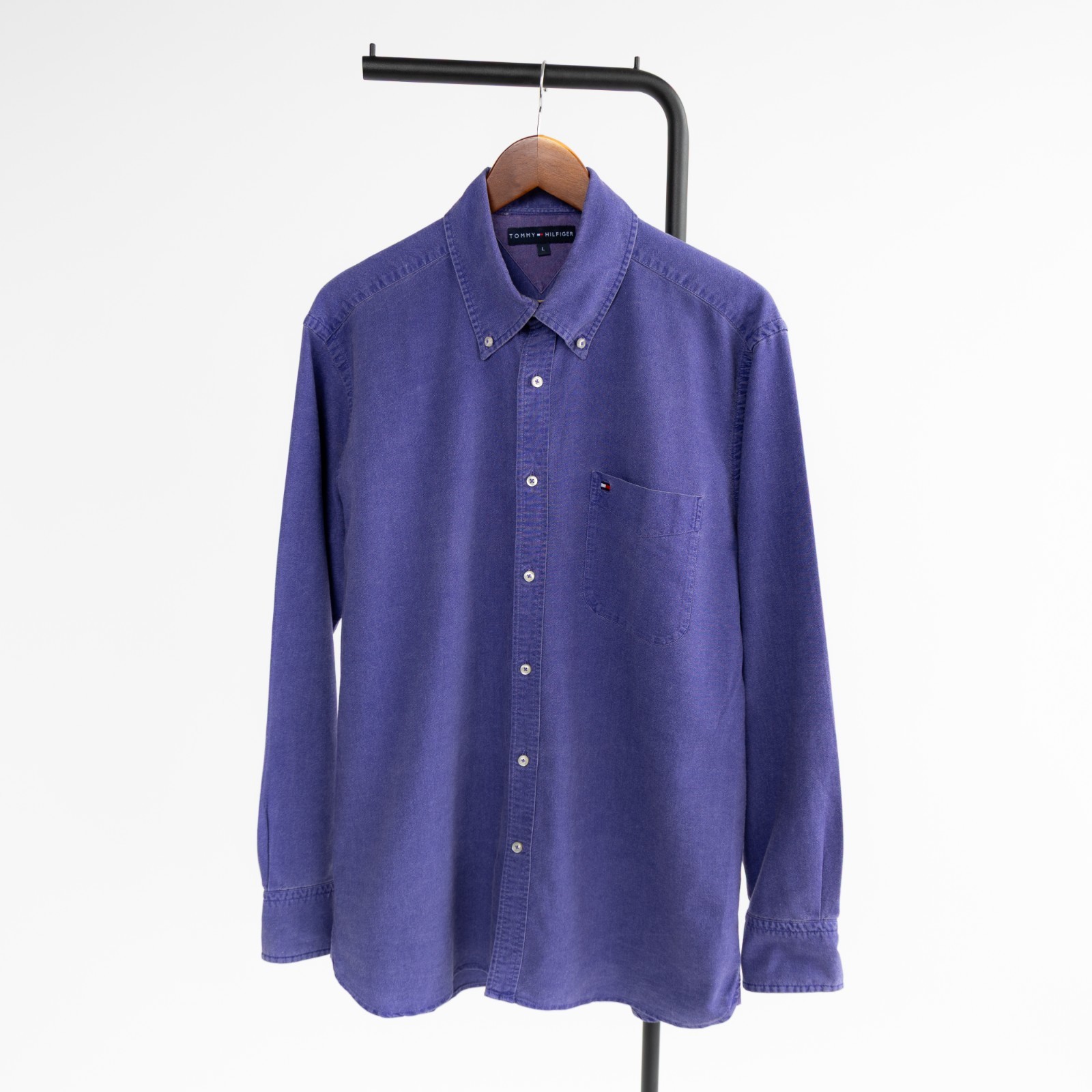 Tommy Hilfiger Mens Vintage Y2K Violet Button Down Shirt Logo Pocket Long Sleeve