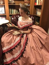Victorian Civil War Ball Gown Dusty Pink Satin Lace Ruffle Historical Costume