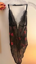 Victoria's Secret Black Floral Sheer Mesh Lace Teddy Bodysuit Wireless Size S