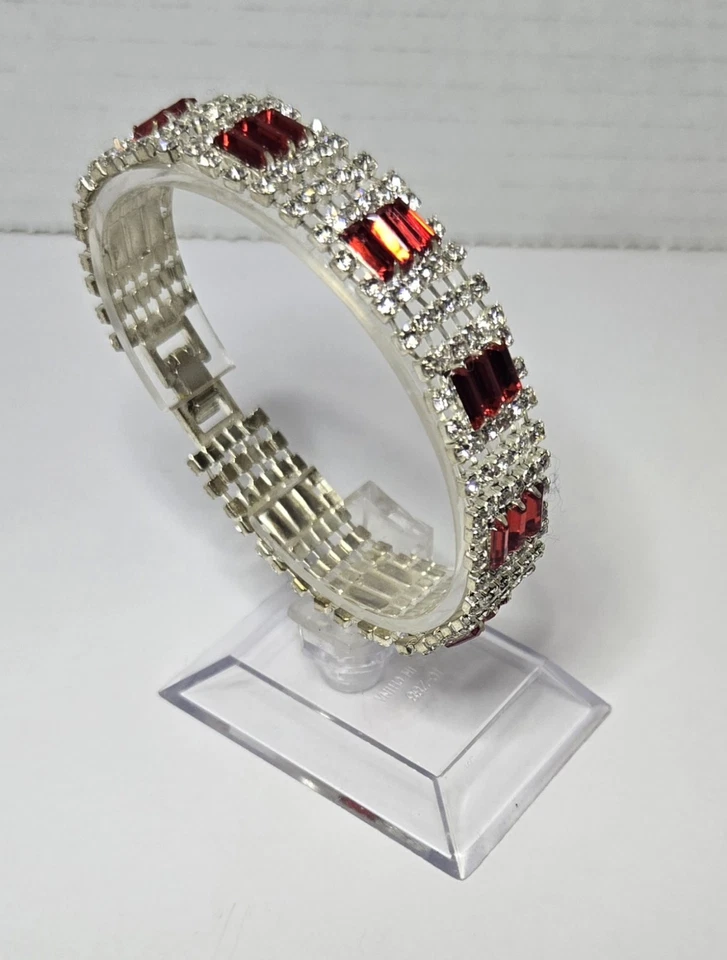 Women's Classic Baguette-Cut Red & Clear Rhinestones Mesh Fashion Bracelet - Image 3 of 4
