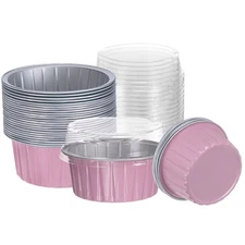 50Pcs Baking Cups with Lids 5oz Aluminum Foil Liners Mini Cups Pink