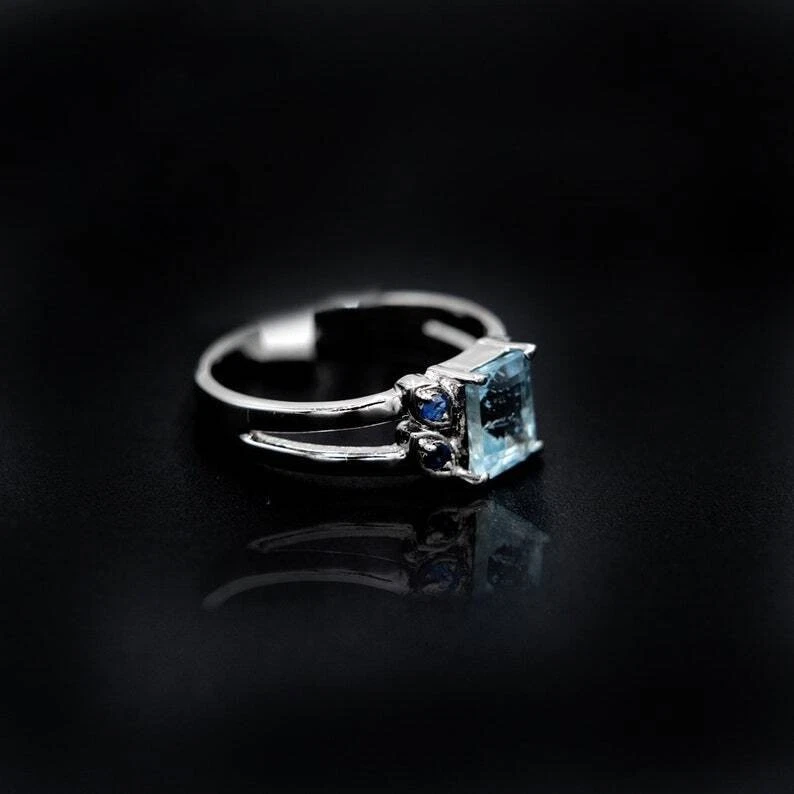 Natürlich Aquamarin und Blau Saphir Edelstein Ring 925 Sterlingsilber Ring C187 - Bild 3 von 4