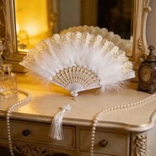 Vintage White and Black Feather Hand Fan – Gothic Victorian Style Elegant -UK