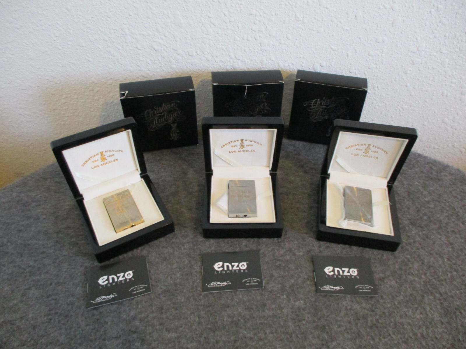 NIB LIGHTER(3) ED HARDY CHRISTIAN AUDIGIER ENZO 2 SILVERPLATE/1 GOLDPLATE C-INFO