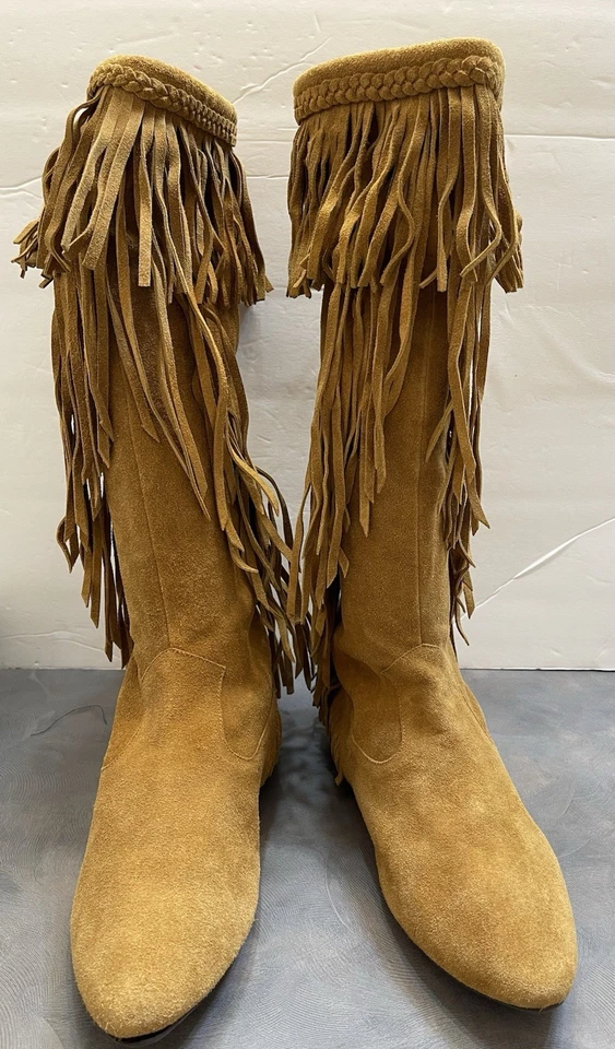 Sam Edelman Cowgirl Saddle Cognac Suede Flat Boot Western Fringe Knee High Sz 10 - Image 2 of 4
