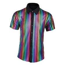 Men's 70s Disco Shirt Sequin Short Sleeve Button Shirt Shiny Small Z2869jb