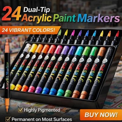 Acrylic Paint Pens 24 Colours Dual Tip Professional Markers for Rock Wood Art UK