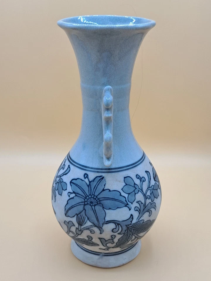 Jarrón de mesa de celadón chino alto de cerámica artística vintage asas de ala pintado a mano Foto 2 de 4